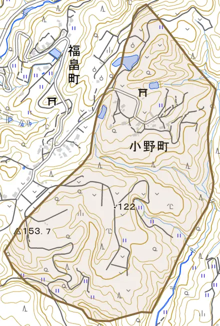 小野町とその周辺の地図。町の範囲を重ねている