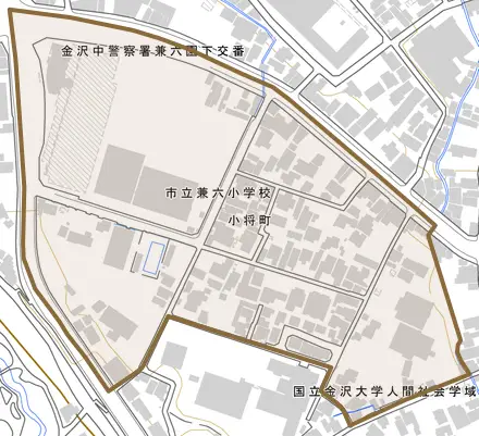 小将町とその周辺の地図。町の範囲を重ねている
