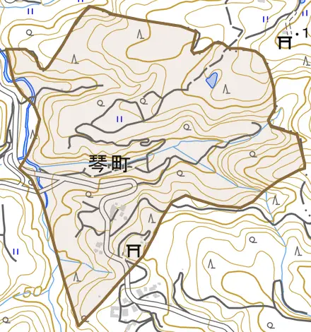 琴町とその周辺の地図。町の範囲を重ねている
