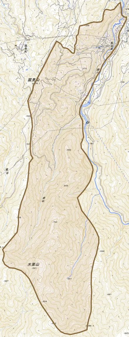 熊走町とその周辺の地図。町の範囲を重ねている