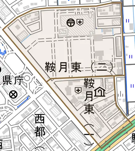 鞍月東とその周辺の地図。町の範囲を重ねている