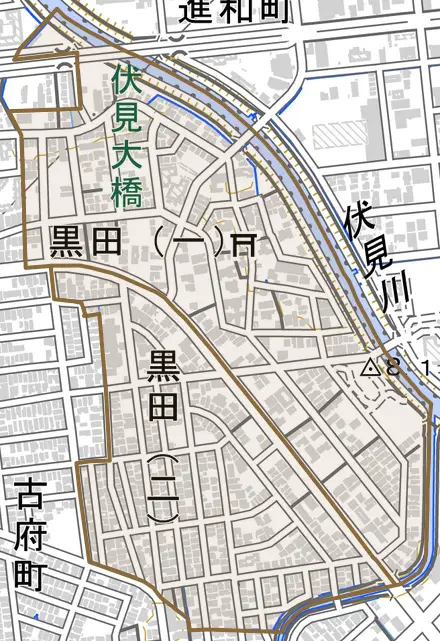 黒田とその周辺の地図。町の範囲を重ねている