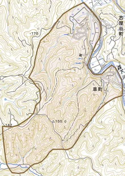 車町とその周辺の地図。町の範囲を重ねている