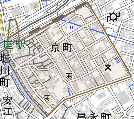 京町とその周辺の地図。町の範囲を重ねている
