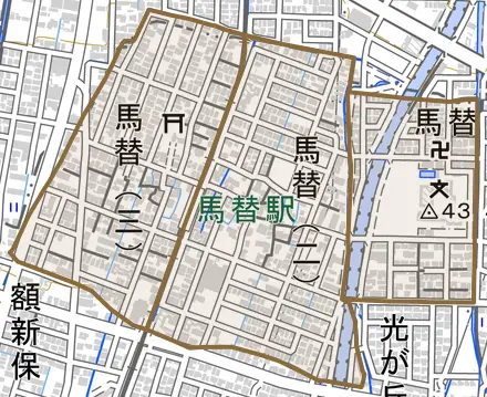 馬替とその周辺の地図。町の範囲を重ねている