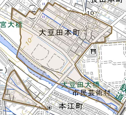 大豆田本町とその周辺の地図。町の範囲を重ねている