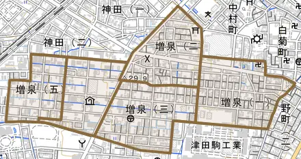 増泉とその周辺の地図。町の範囲を重ねている