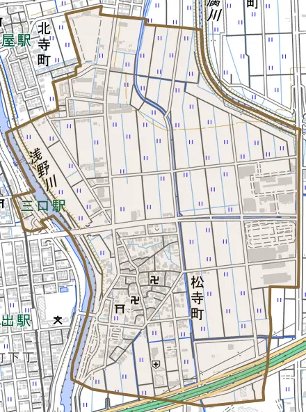 松寺町とその周辺の地図。町の範囲を重ねている