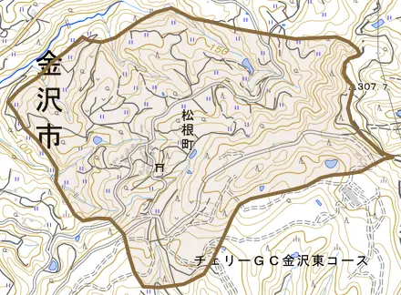 松根町とその周辺の地図。町の範囲を重ねている