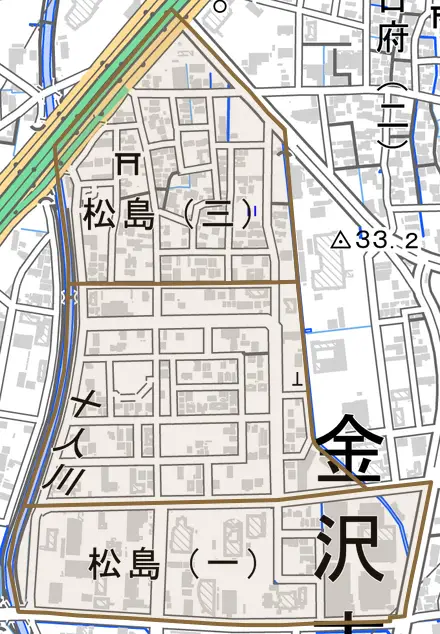 松島とその周辺の地図。町の範囲を重ねている