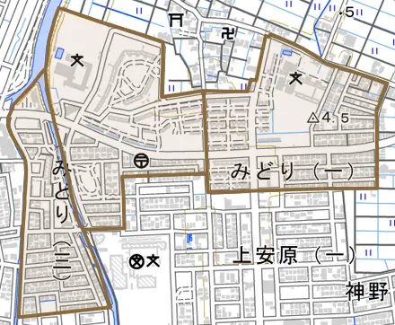 みどりとその周辺の地図。町の範囲を重ねている