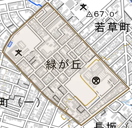 緑が丘とその周辺の地図。町の範囲を重ねている