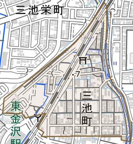 三池町とその周辺の地図。町の範囲を重ねている
