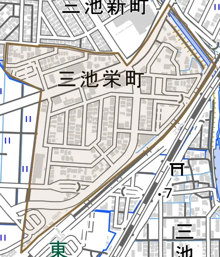 三池栄町とその周辺の地図。町の範囲を重ねている