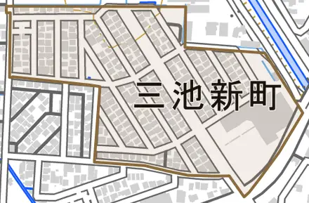 三池新町とその周辺の地図。町の範囲を重ねている
