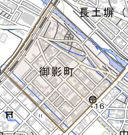 御影町とその周辺の地図。町の範囲を重ねている