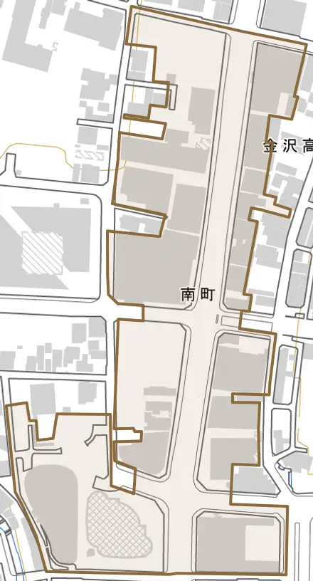 南町とその周辺の地図。町の範囲を重ねている