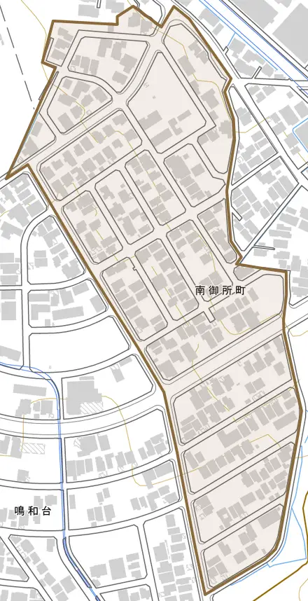 南御所町とその周辺の地図。町の範囲を重ねている