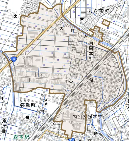 南森本町とその周辺の地図。町の範囲を重ねている