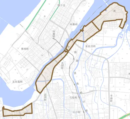 湊とその周辺の地図。町の範囲を重ねている
