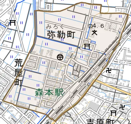 弥勒町とその周辺の地図。町の範囲を重ねている