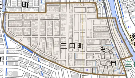 三口町とその周辺の地図。町の範囲を重ねている