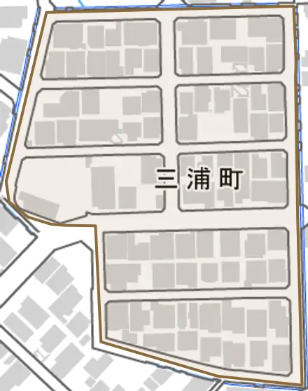 三浦町とその周辺の地図。町の範囲を重ねている