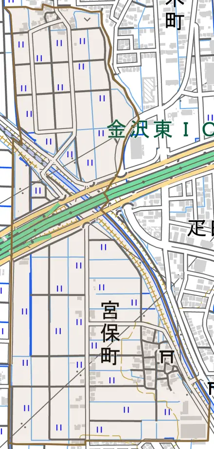 宮保町とその周辺の地図。町の範囲を重ねている