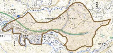 宮野町とその周辺の地図。町の範囲を重ねている