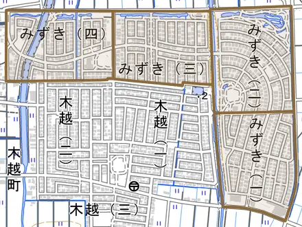 みずきとその周辺の地図。町の範囲を重ねている