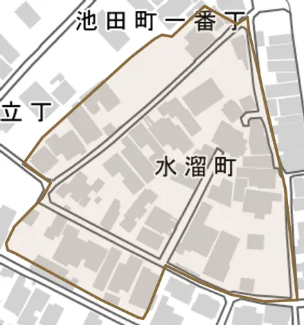 水溜町とその周辺の地図。町の範囲を重ねている