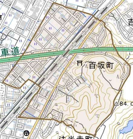 百坂町とその周辺の地図。町の範囲を重ねている