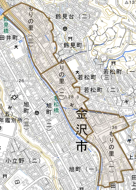 もりの里とその周辺の地図。町の範囲を重ねている