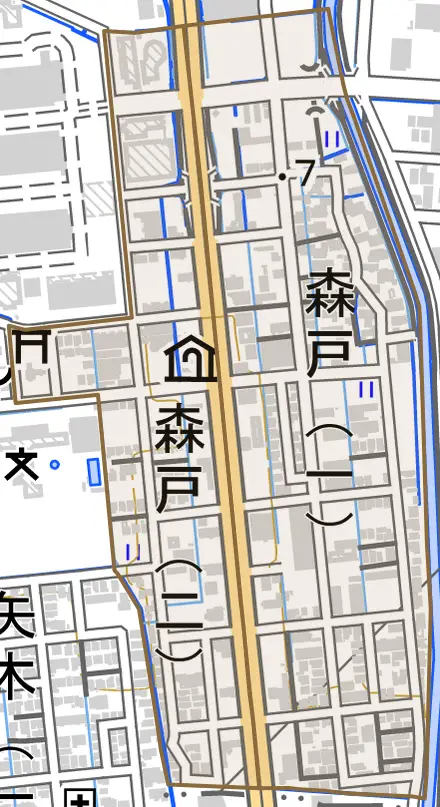 森戸とその周辺の地図。町の範囲を重ねている