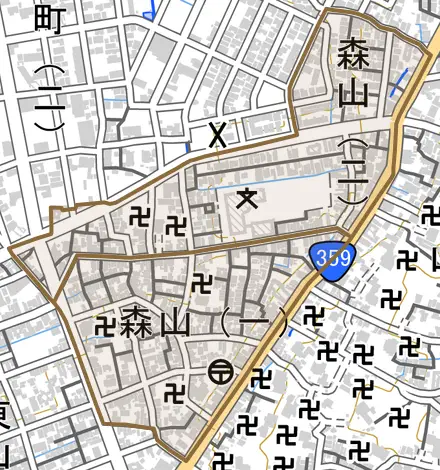 森山とその周辺の地図。町の範囲を重ねている