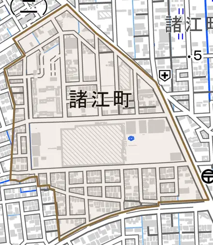 諸江町とその周辺の地図。町の範囲を重ねている