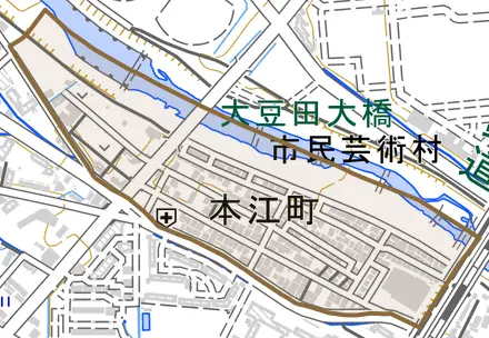 本江町とその周辺の地図。町の範囲を重ねている