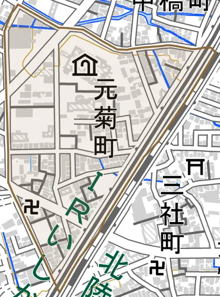 元菊町とその周辺の地図。町の範囲を重ねている