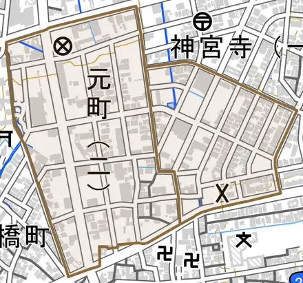 元町とその周辺の地図。町の範囲を重ねている