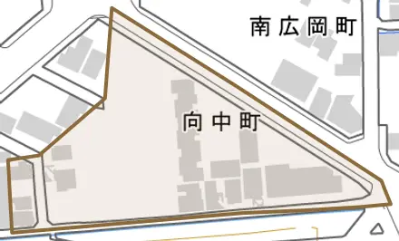 向中町とその周辺の地図。町の範囲を重ねている