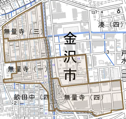 無量寺とその周辺の地図。町の範囲を重ねている