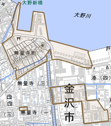 無量寺町とその周辺の地図。町の範囲を重ねている