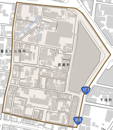 武蔵町とその周辺の地図。町の範囲を重ねている