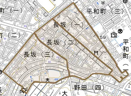 長坂とその周辺の地図。町の範囲を重ねている
