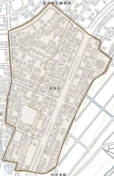長坂台とその周辺の地図。町の範囲を重ねている