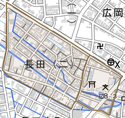 長田とその周辺の地図。町の範囲を重ねている