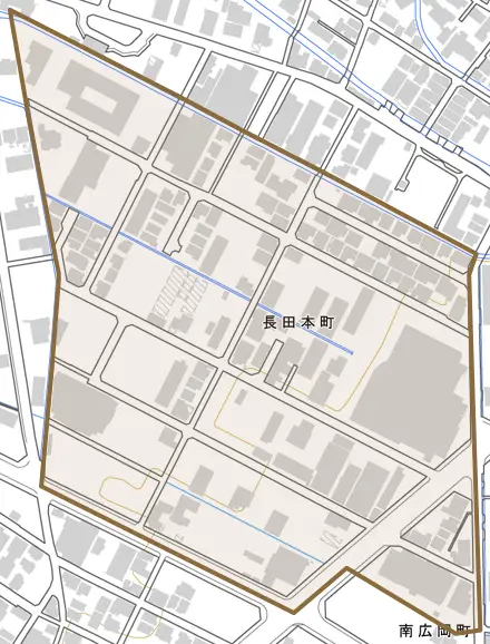 長田本町とその周辺の地図。町の範囲を重ねている