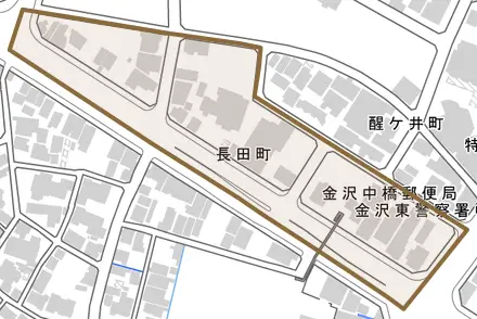 長田町とその周辺の地図。町の範囲を重ねている