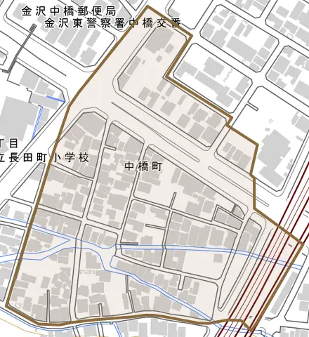 中橋町とその周辺の地図。町の範囲を重ねている