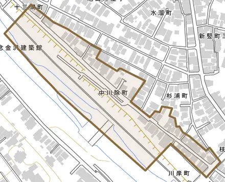 中川除町とその周辺の地図。町の範囲を重ねている